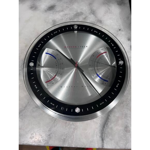 Modern Tech Wall Clock Weather Station Temp Humidity Brushed Aluminum 12” - Picture 9 of 10
